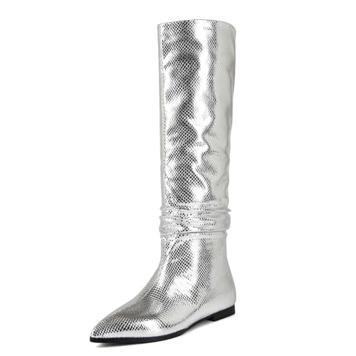 Womens Knee High Boots Pointed Toe Flat Tall Boots for Women Metallic Slouch Long Boots Low Heel