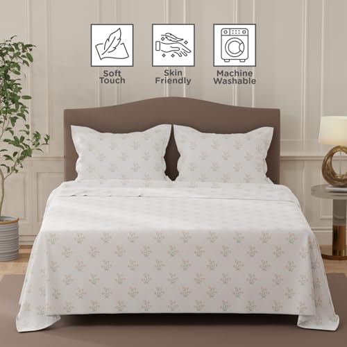 Image of Layers 100% Cotton Bedsheet for Double Size Bed | Lumina Floret Collection | 144 TC Soft & Breathable | Floral Print with 2 Pillow Covers | Wrinkle Free & Colorfast | 3 Piece Bedding Set - White & Red