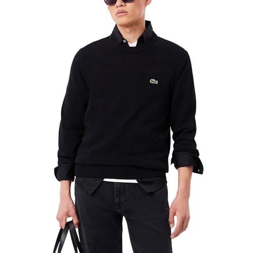 Lacoste Mens Long Sleeve Crewneck Cotton Jersey Sweater, Black, Large