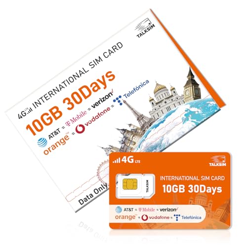 International Data SIM Card 10GB for 30 Days –4G LTE Coverage in 45 Countries USA,UK,Europe,Asia and Africa Prepaid Travel Data Only SIM for Unlocked WiFi Mobile Hotspot, Phones and Tablet–No Contract