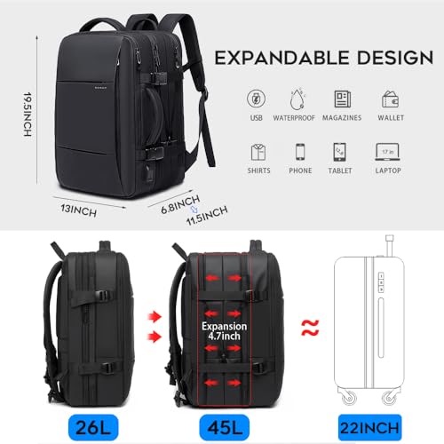 Image of 35-45L Carry On Backpack Weekender Travel Backpacks 17.3 inch Laptop Back Pack Business Expandable Bag for Men and Women