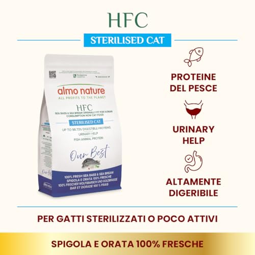 Almo Nature Hfc Our Best - Sterilised - Croccantini Per Gatti Adulti Sterilizzati O Poco Attivi - Spigola E Orata Freschi - Urinary Help, Altamente Digeribili, Human Grade, Senza Glutine - 1,2Kg - 3