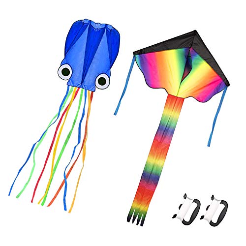 Homdipoo Rainbow Kite Mollusc Octopus Kite 2Pack Easy to Fly Kites for Kids Ages 4-8 and Kites for Adults Kite with 2Handle 300ft Kite String for Beginner Outdoor Beach Kite (MUL+Blue)