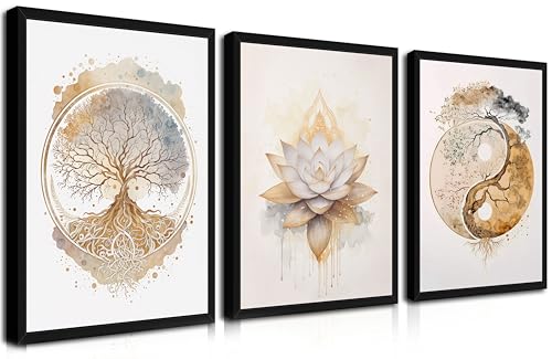 Wood Framed Tree of Life Wall Art Set of 3, Modern Gold...