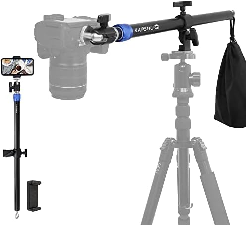 KapSnug 22-37 Inch Aluminum Tripod Extension Arm Overhead Camera Mount, Horizontal Retractable Center Column, 360-degree Ball Head, 170-degree Angle Adjustable Arm, Tripod not Included
