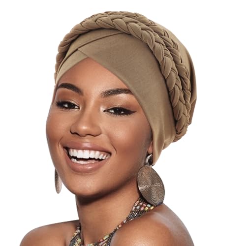 Image of DRESHOW African Women Turban Caps Beanie Twist Headscarf Pre-Tied Double Twisted Braid Hair Cover Wrap Hat Chemo Cancer Cap