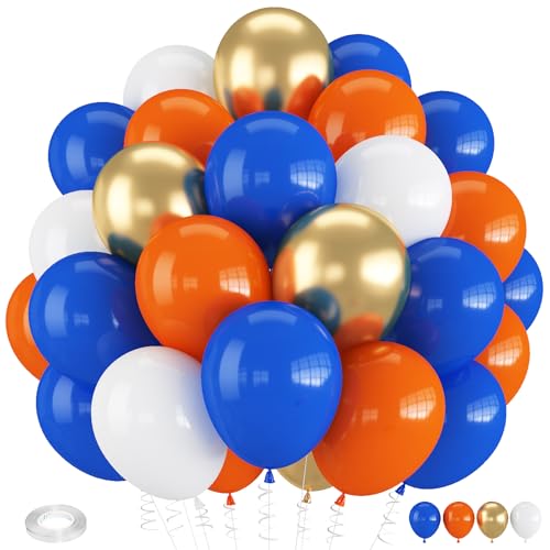 Froova Orange and Blue Balloons, 60 PCS 12 Inch Royal Blue and Orange Gold White Balloons for Kids Boys Cartoon Party Graduation Baby Shower Thanksgiving Autumn Birthday Party Decorations