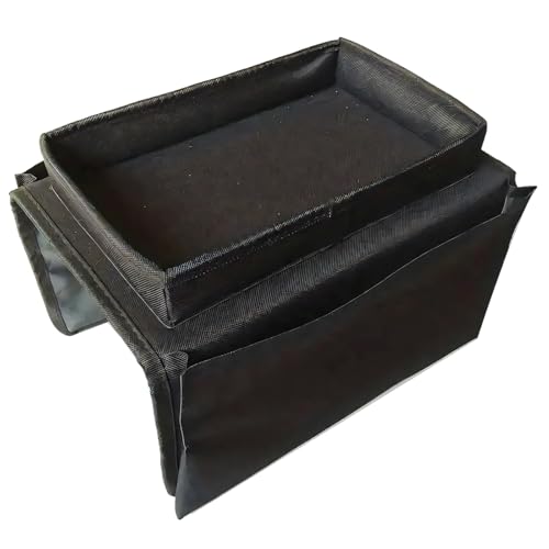 QminTouyzs Armchair Tray, Sofa Armrest Organiser with Various Pockets, Foldable Armchair Caddy for Remote Controls, Beverages, Snacks, Books and Magazines, Black Armchair Table Tray