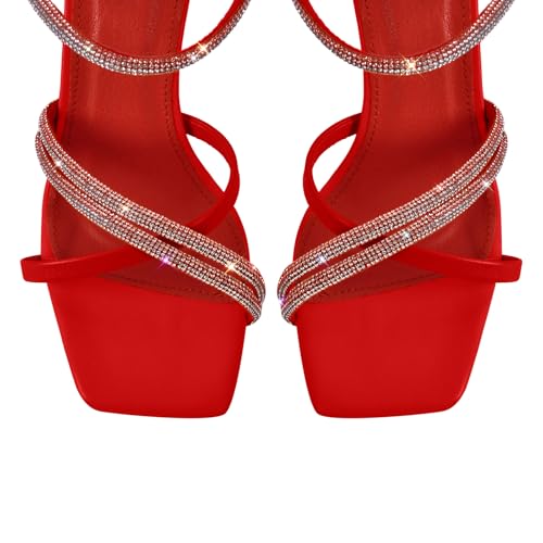 Women's Diamond Studded Straps Stilettos Square Toe Slingback Heeled Sandals4