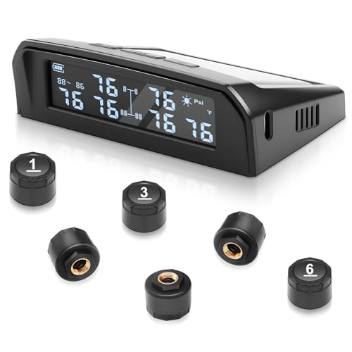Tire Pressure Monitoring System,2025 Upgrade TPMS with 6 Sensors,Solar &USB Charging,LCD Display,6 Alarm Modes,Suitable for 6 Wheel Vehicles,Tire Monitoring System for Trucks/RV/Buses/Trailer(144psi)