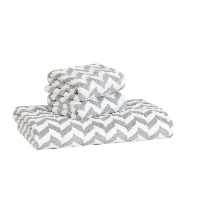 House Beauty Luxury Microfiber 1 Bath Towel and 2 Hand Towel Pack of 3, Super Absorbent, Fade-Resistent, Ultra Soft (Zig Zag)-Gray