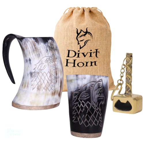 Divit - Tazza in corno vichingo, con apribottiglie (set da 3 pezzi), autentico boccale medievale in corno di birra, bicchiere da birra, boccale in corno di corno, sacchetto regalo in iuta incluso