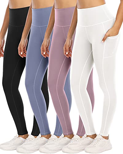 YOUNGCHARM 4 Pack Leggings with Pockets for Women,High Waist Tummy Control Workout Yoga Pants BlackPinkBlueWhite-L