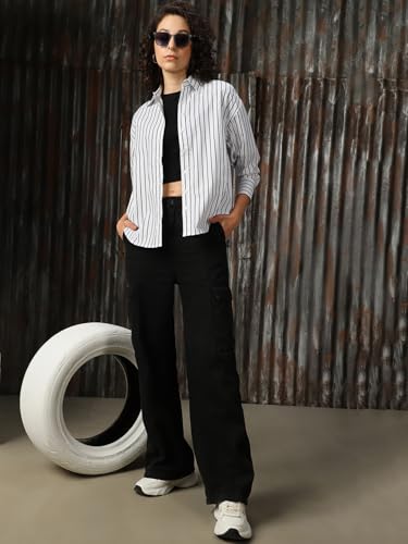 Image of High Star Women Cotton Striped Oversized Fit Collar Full Sleeves Shirts
