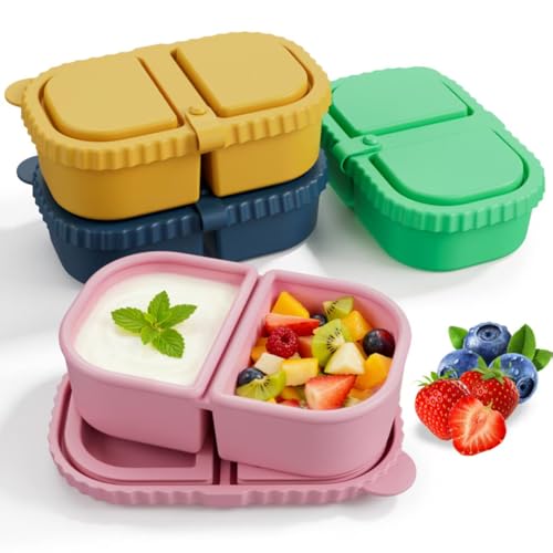 Moxhendix 4 Pack Reusable Silicone Snack Containers with Lids, 8.5 oz- 2 Compartments, BPA-Free,Leakproof, Portable Silicone Lunch box, Snacks, Office,Picnic,Travel