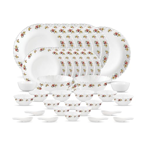 Image of La Opala Novo Collection Opal Glass Crockery | for Family of 6 | Dinner Set 35 pcs Petite Roses | Plates & Bowls for Dining | Microwave Safe | 100% Vegetarian | Extra Strong | Light & White