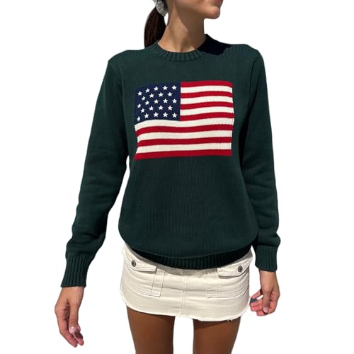 Image of Womens American Flag Sweater Long Sleeve Crew Neck Star Graphic Knit Pullover Tops Casual Loose USA Sweater