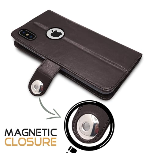 Image of Pikkme Flip Cover Leather Finish | Inside TPU with Card Pockets | Wallet Stand and Shock Proof | Complete Protection Button Flip Case iPhone X /Xs (Coffee)