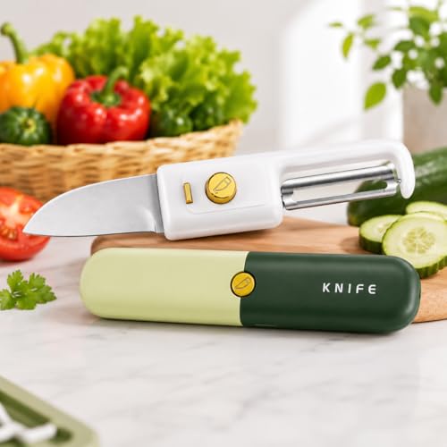 Image of TASMAX 2 in 1 Peeler Knife for Kitchen & Travel Essentials, Stainless Steel Peeling Knife with Protective Cover, Compact Knife with Peeler for Fruits & Vegetables (Multicolor)