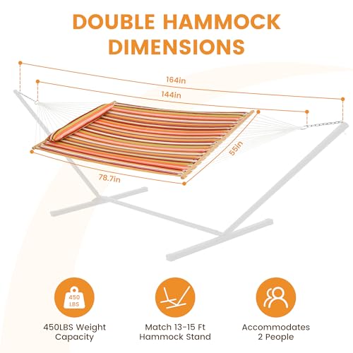 Image of Lazy Daze Double Quilted Hammock with Pillow and Carabiners, Vivid Stripe | 12FT 2 Person Outdoor Hammock with Hardwood Spreader Bars and Chains for Outside, 450lbs Weight Capacity