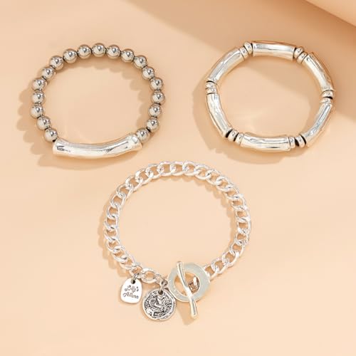 3Pcs Silver Stacked Beaded Bracelets Set Trendy Stretch Elastic Round Beaded Ball Tube Chunky Link Bracelets Layered OT Clasp Cuban Chain Bracelets Dainty Jewelry for Women4