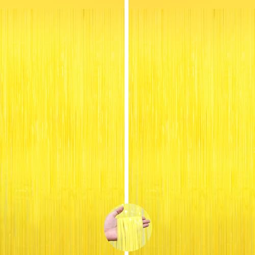 Image of Yellow Tinsel Foil Fringe Curtains Backdrops,2Pack Door Streamers Photo Booth Backdrop for Birthday Party, Tinsel Curtain Backdrop for Baby Shower Bachelorette Christmas Party Decorations. Disco Decor