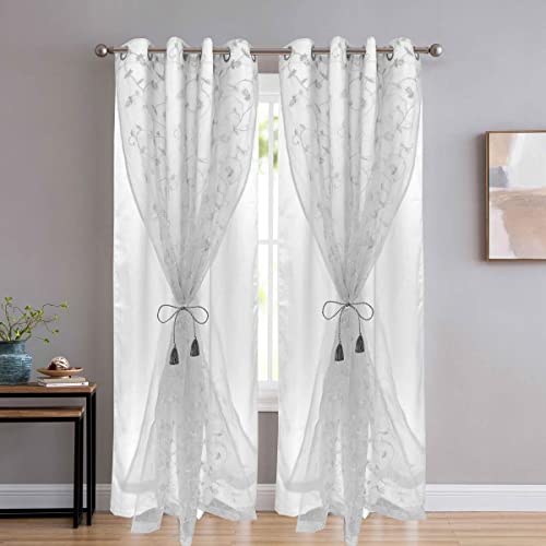 Image of 2 in1 Blackout and Velvet (Parent) (White Blackout + White Vine Embroidery, Door Length (7 ft x 4.5 ft), Blackout)