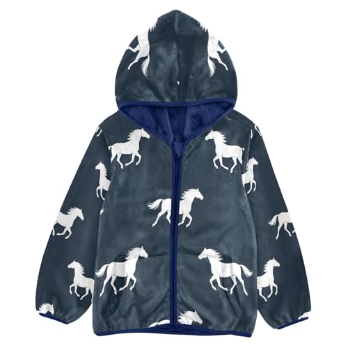 White Horses on Navy Toddler Fleece Jacket Girl Boys Hooded Fleece Jacket Coat Warm Outwear Zip-up 3-10T