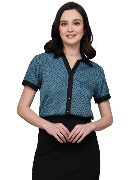 Image of Style Quotient Women Teal and Black Printed Smart Casual Shirt