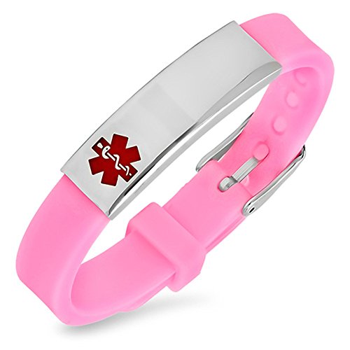 AOMZO JEWELRY Free Engraving Stainless Steel and Pink Rubber Medical Alert ID Bracelets Ajustable Size