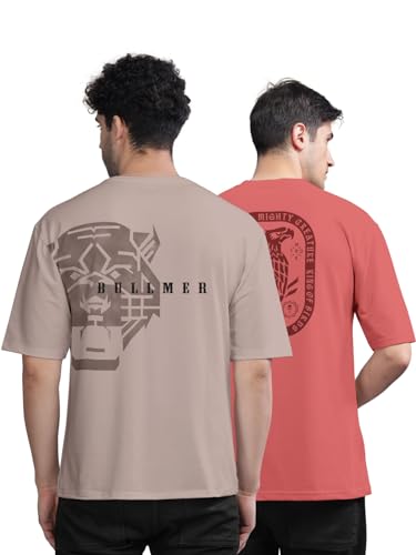 Image of BULLMER Trendy Front and Back Printed Oversized Round Neck T-Shirt for Men - Pack of 2