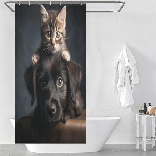 Rideau de douche chat mignon tissu polyester imperméable avec 12 crochets 92x183cm - 2