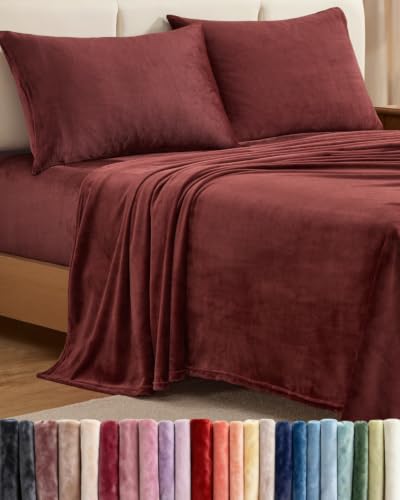 Image of Fleece Sheets King Size Set - 4-Piece Velvet Flannel Sheet Set - Burgundy