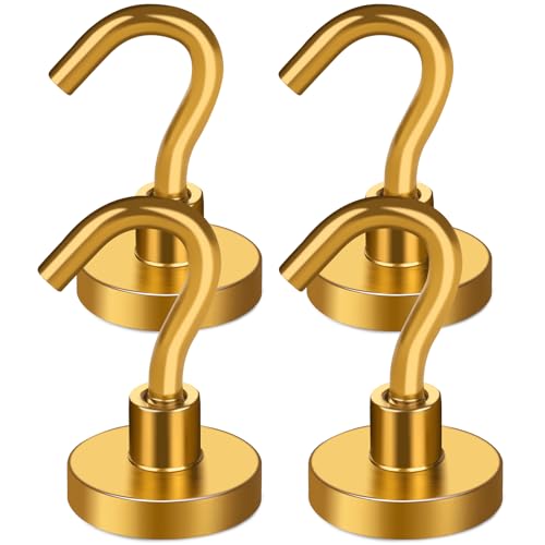 MIKEDE N52 Magnetic Hooks Heavy Duty 30LB+ Strong Magnets with Hook for Cruise Cabin Neodymium Extra Strength Industrial Hooks for Hanging Magnetic Hanger for Grill (Yellow 4 Pack)