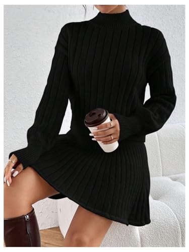 Image of MakeMeChic Women's Sweater Skirt Sets 2 Piece Outfits Ribbed Knit Mock Neck Sweater Pullovers A Line Mini Skirt Set
