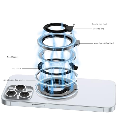 YTech 2025 Upgraded Magnetic Phone Grip Stand for Mag-Safe Phone Grip Ring Holder Compatible with iPhone 16 Pro Max Plus 15 14 13 12 16e & Samsung Oneplus Android Attached Universal Metal Ring (Grey) — view 2