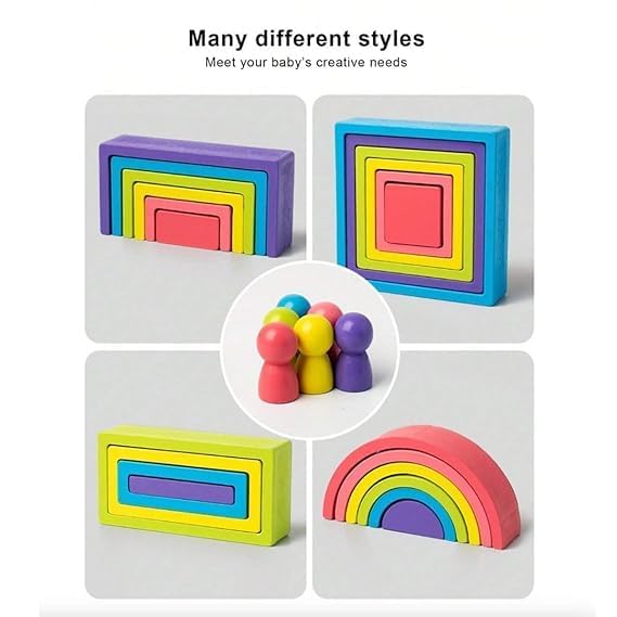 Image of Happy Hues Wooden Rainbow Stacking Blocks Toy Set, Montessori Geometric Nesting Building Blocks for Toddlers and Kids Ages 3+