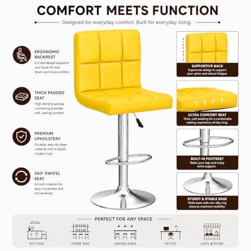 Image of Kemon KaiMeng Modern Adjustable Swivel Bar Stool Chair with Backrest, PU Leather Hydraulic Counter Stool with Footrest for Kitchen Island, Cafe & Home Bar, Yellow, Square Tufted Back Stool