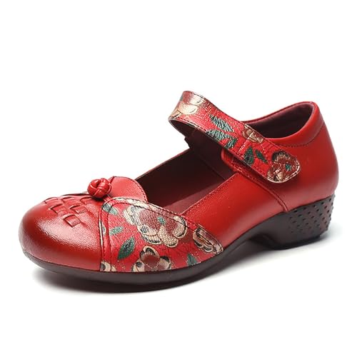 Women's Vintage Floral Print Chunky Heel Mary Jane Shoes Comfort Slip On Round Toe Adjustable Hook&Loop Mom Walking Shoes Casual Non-Slip Soft Sole Oxfords Dress Shoes