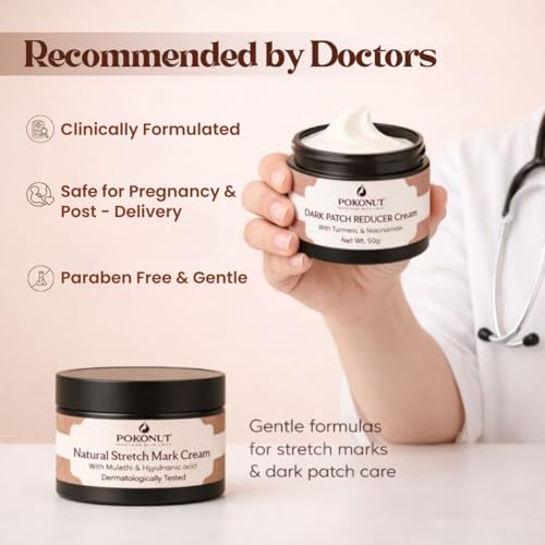 Image of POKONUT Flawless Skin Combo-Pokonut Dark Patch Removal Cream With Turmeric & Niacinamide, 50G Pokonut Natural Stretch Mark Cream With Mulethi & Hyaluronic Acid, Dermatologically Tested (50 gm, Combo - Pack of 2)