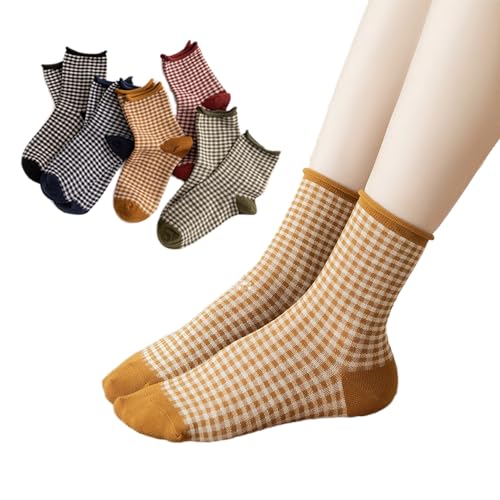 Cute Multi Colored Checkered Cotton Crew Socks For Women, Size 5-8, Pack of 5