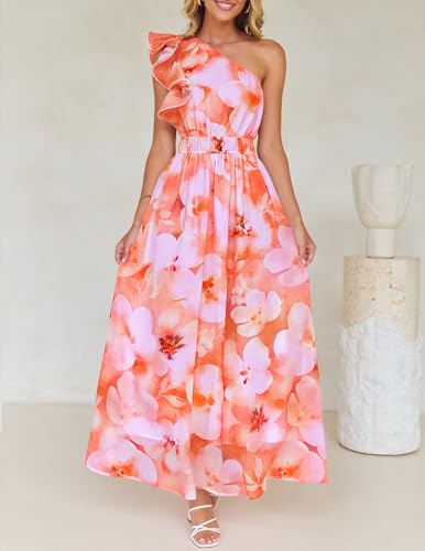 Image of ZESICA Women's 2026 Summer Floral Sleeveless Maxi Dress | One Shoulder, Sleeveless, Ruffle, High Waist, Beach Wedding Guest, Vacation, Graduation, Bridal Shower, Boho Long Dresses