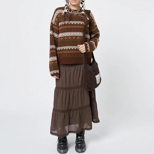Image of Women Vintage Striped Pullover Sweater Y2k Long Sleeve Crew Neck Loose Knit Sweaters Fall Winter Knitwear
