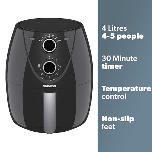 Daewoo 4L Manual Air Fryer – Family Size Oil-Free Air Fryer with 80-200°C Temperature Control, 30-Minute Timer, Energy Efficient, Healthy Cooking, Compact Stylish Kitchen Appliance