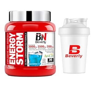 Beverly Nutrition Energy Storm Pre Workout | 300g | Tropical Flavor | Free Mixer | Arginine, Beta Alanine, Citruline, Caffeine & Astragin | Sports Performance Enhancement