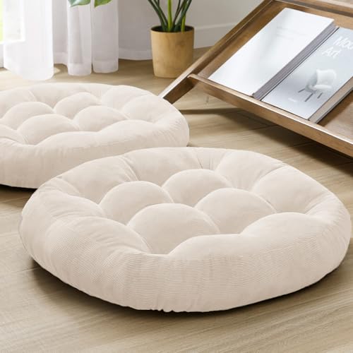 Meditation Floor Pillow Set of 2, Round Large Pillows Seating for Adults, Tufted Corduroy Cushion for Living Room Tatami, Beige 22 Inch