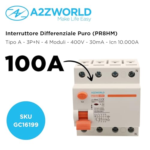 Reiner Fehlerstromschutzschalter, dreiphasig, Typ A 100 A, RCCB 3P+N 10 kA 30 mA 380 V, 4 DIN-Module, Serie PR8HM, elektromagnetisch, IEC61008-1 zertifiziert