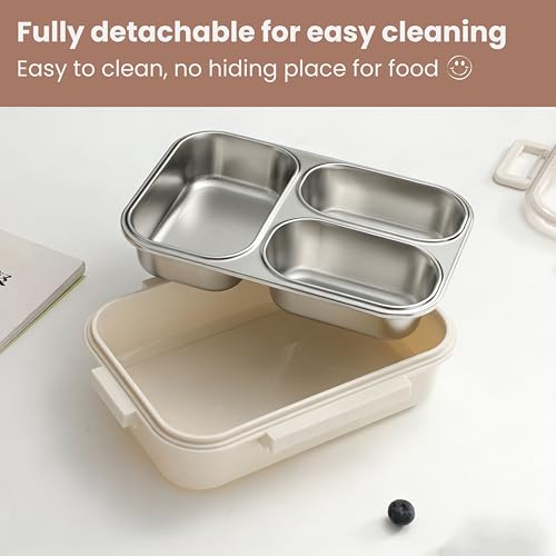Image of Kreme UrbanMate Bento Lunch Box with Carry Bag 800 ml, 3 Compartment Lunch Box, Stainless Steel, Leak Proof, Spill Proof, Ideal for Adults, Teenagers and Kids, Ivory