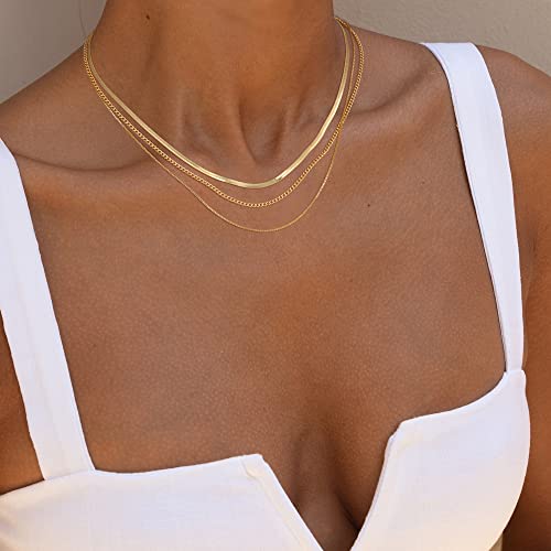 Image of Freekiss Layered Necklace Set for Women Stackable | Herringbone Snake Cuban Rope Chain, Dainty Choker, Layered Stackable, Non Tarnish, Hypoallergenic, Adjustable 14-18.5 inch