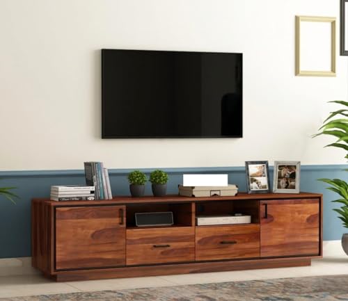 Image of Solid Wood TV Unit for Living Room 65 Inch Furniture - Wooden TV Unit with Storage Cabinet with 2 Drawr, 4 Shelves Wooden TV Cabinet for Living Room - Fits up to 65-Inch TV (Aaron)